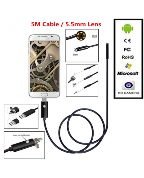 5M 2-in-1 6-LED 5.5mm Lens Waterproof Android/PC Endoscope Inspection Borescope Camera
