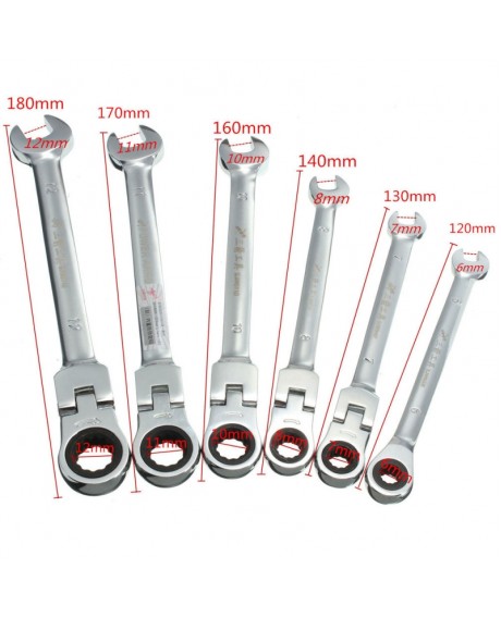 6pcs Flexible Pivoting Head Ratchet Combination Spanner Wrench Garage Metric Tool Silver