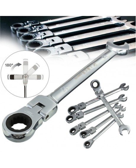 6pcs Flexible Pivoting Head Ratchet Combination Spanner Wrench Garage Metric Tool Silver