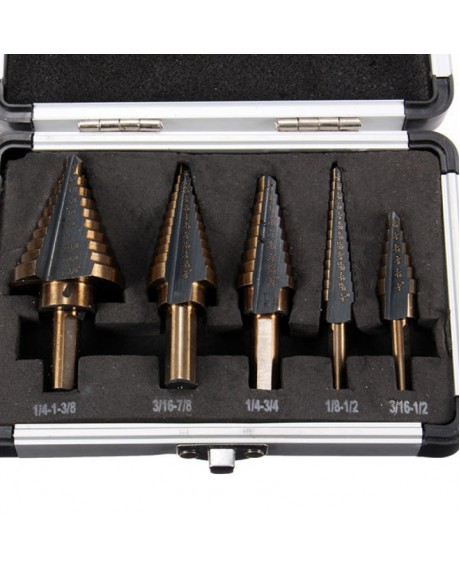 5pcs Triangle Shank Imperial Pagoda Step HSS Drill Set with Aluminum Alloy Storage Case