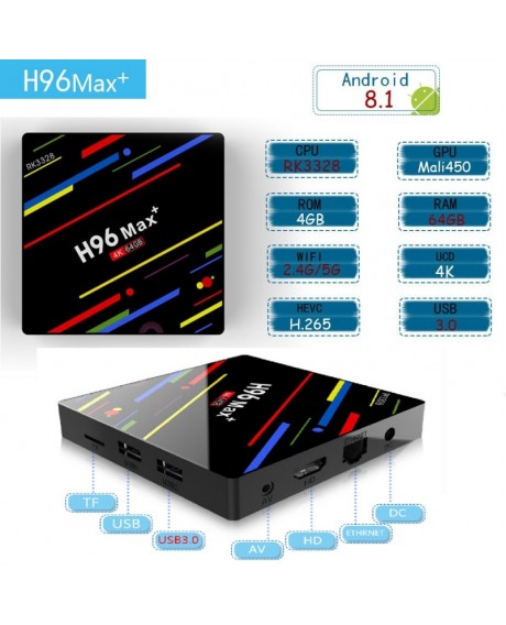 H96 MAX Plus 4K 1080P TV Box Android 8.1 2GB 16GB MultiMedia Players - US Plug