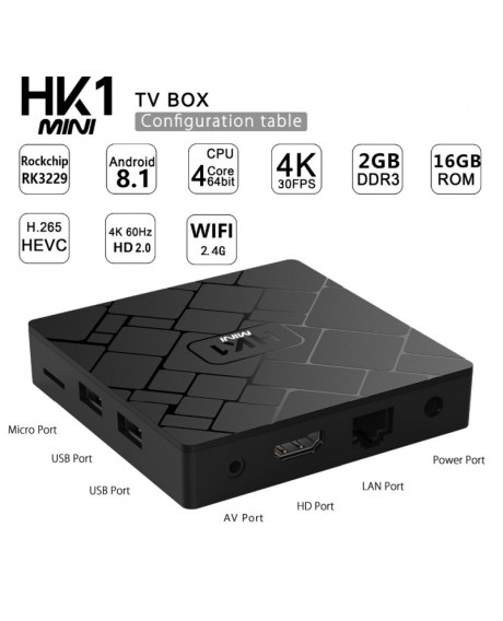 HK1 Mini Android 8.1 4K HD Wifi 2GB 16GB Smart TV BOX - US Plug