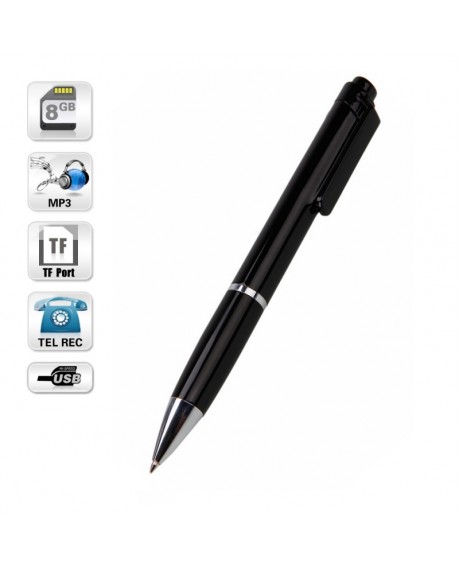 8GB Digital Voice Recorder Pen MP3/Extra Mic/TF/Button Control Black & Silver