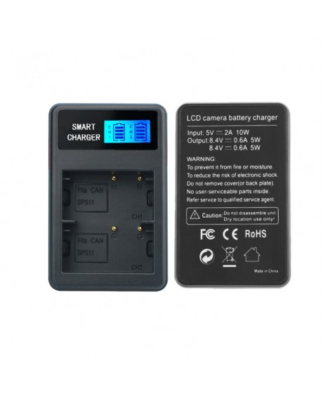 Intelligent LCD Display USB Dual Charger for Canon BP-511/511A Automatically Recognizes the Battery and Performs Smart Charging