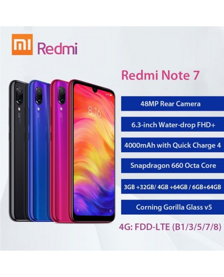 Xiaomi Redmi Note 7 Mobile Phone 6.3inich Display 6GB RAM 64GB ROM 48MP Camera Snapdragon 660 4000mAh Battery 4G Unlocked Smartphone