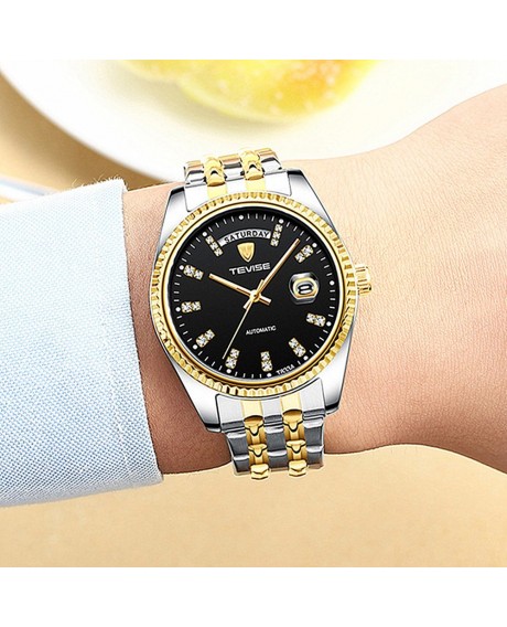 TEVISE T833A Business Men Automatic Mechanical Watch Time Calendar Display Fashion Casual Stainless Steel Strap 3ATM Waterproof Luminous Hands Male Wristwatch