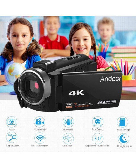 Andoer 4K HD Digital Video Camera Camcorder DV 16X Digital Zoom 3 Inch TouchScreen WiFi IR Night Vision with 2pcs Batteries + Stereo Condenser Microphone + 8X Telephoto Lens