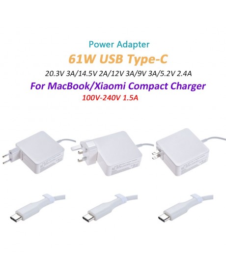 Power Adapter AC DC 100V-240V 1.5A 61W USB Type-C 20.3V 3A/14.5V 2A/12V 3A/9V 3A/5.2V 2.4A Compact Charger For Macbook / Xiaomi
