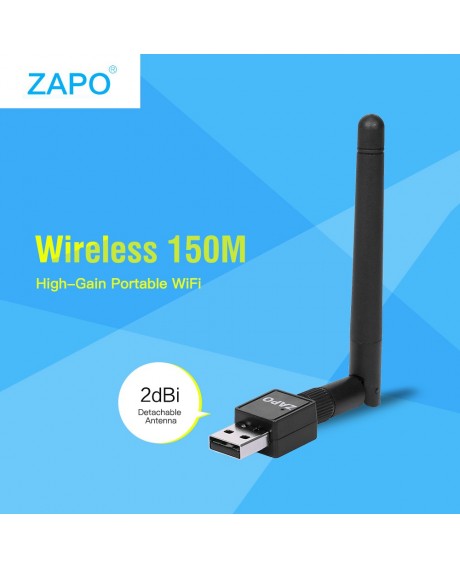 ZAPO W90 RTL8188 150M Wireless Network Card High-Gain Portable USB Wifi Dongle Adapter Receiver with 2dBi Detachable Antenna